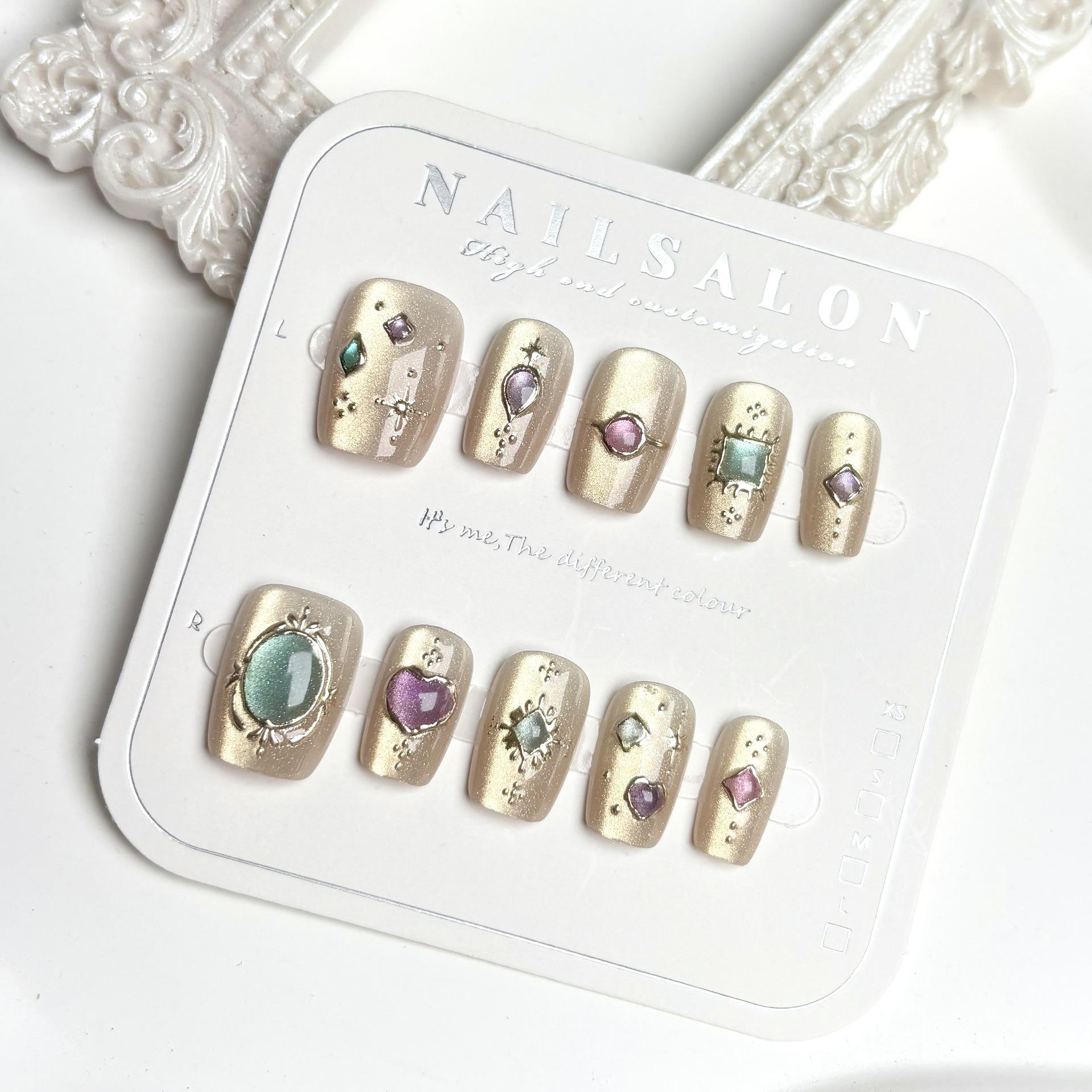 

Champagne Crystal Cat-Eye Press-On Nails with Gold Foil & Fine Glitter