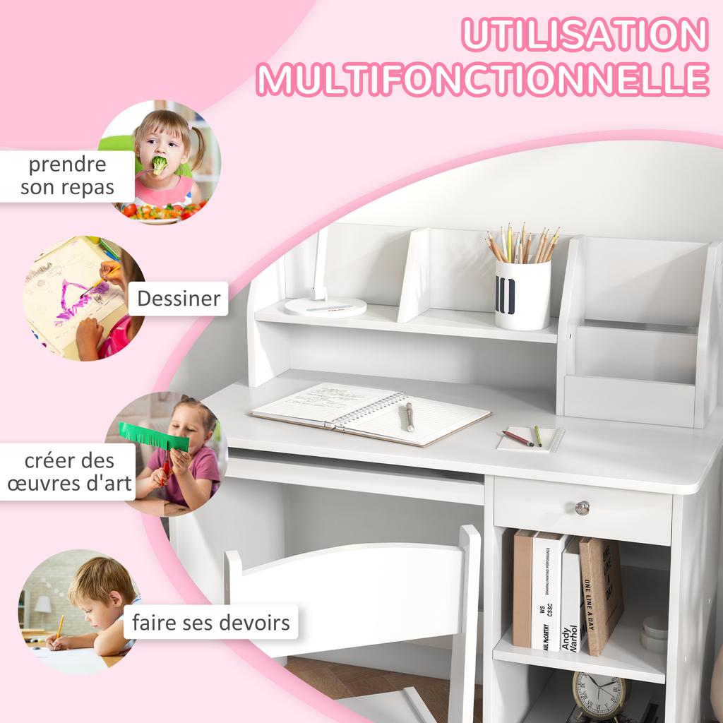 Kids Desk with Ergonomic Chair with Sliding Keyboard Tray Drawer Niches and Open Shelves 90 x 45 x 90 cm White