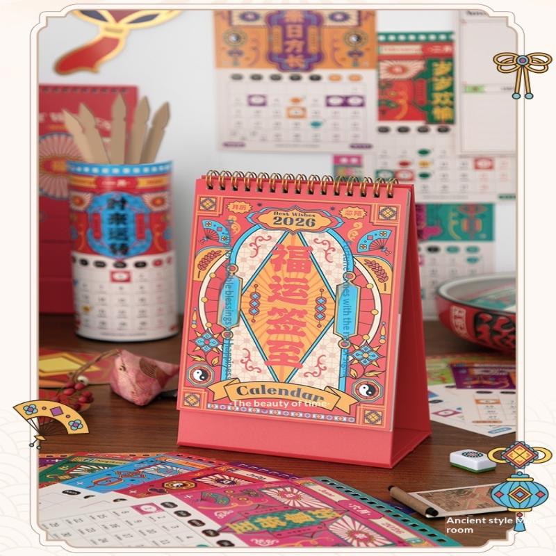 2026 Červený vyřezávaný kalendář Ražený vintage design Rok koně Stolní kalendář Čínský styl Suvenýr Velký kalendář