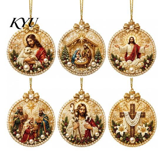 Acrylic Santa Hanging Ornaments 6 Pcs Christmas Pearl Art Ornaments, 2D Flat Holiday Tree Pendant, Decorations Effect Decoration for Home Wall