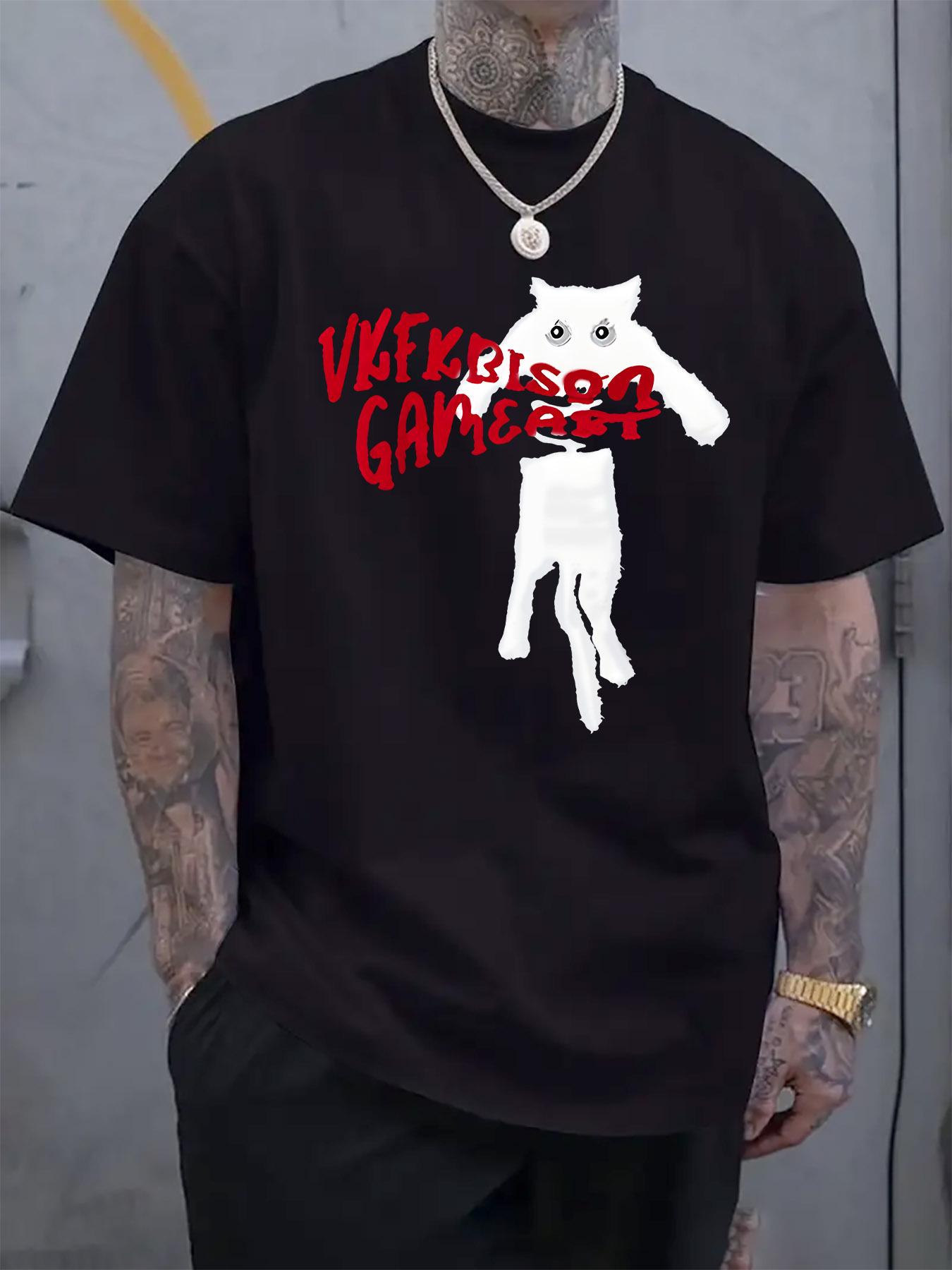 Casual Crew Neck T-shirt with Cartoon Animal and Game Name Print XXXXL