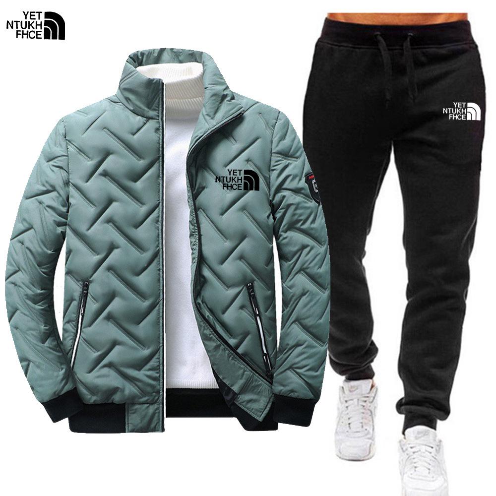 Men's Cross-Border Winter Warm Cotton-Padded Stand-Up Collar Jacket and Trousers Two-Piece Set