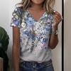 Sommar V-ringad 3D Blommig Tryckt Topp Trendiga Casual Kortärmade Dam T-shirts