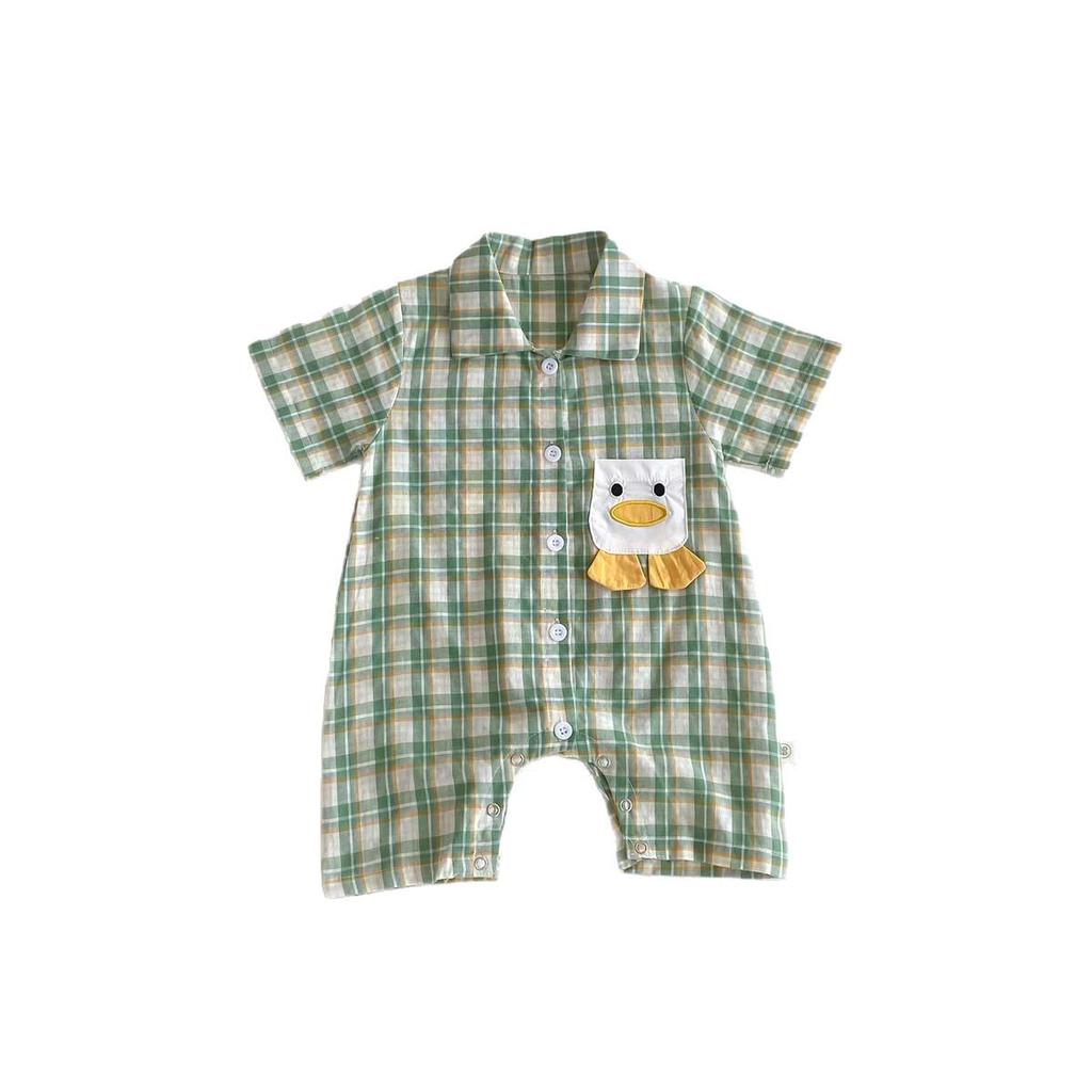 Summer Boys Plaid Short Sleeve Romper - Stylish Korean Style Crawling Suit for Infants