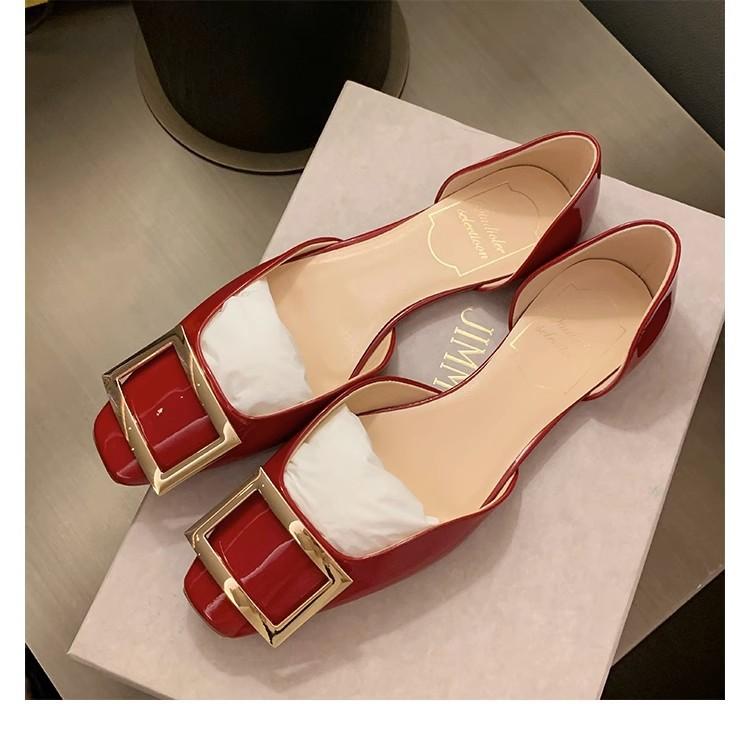 Spot Second Hair! Grape Mother with the Same Classic RV Square Buckle Flat Shoes, Shallow Mouth Small Square Head Commuting Hollow Single Shoes Women