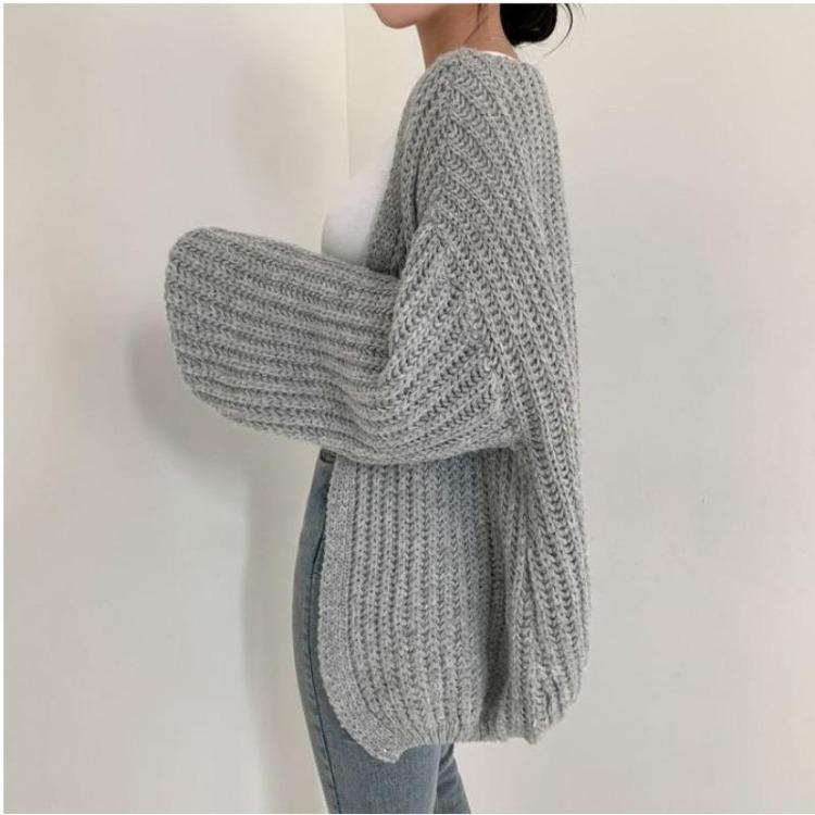 Versatile Casual Solid Color Loose Knitted V Neck Lantern Sleeve Autumn Cardigan Sweater Jacket
