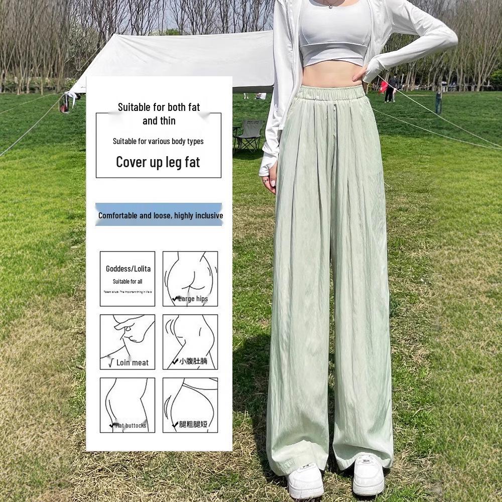 Women's Navy Blue Ice Silk Wide-Leg Pants: High-Waisted, Lightweight, Sun-Protective, Casual Trousers.