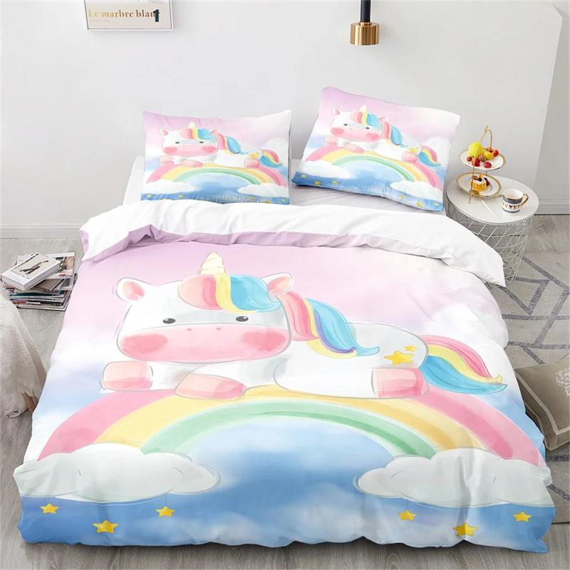 Unicorn Duvet Cover Pink Cartoon Unicorn Animals Romantic Theme Polyester ValentineS Day Gift For Children Girls Boy Room Decor