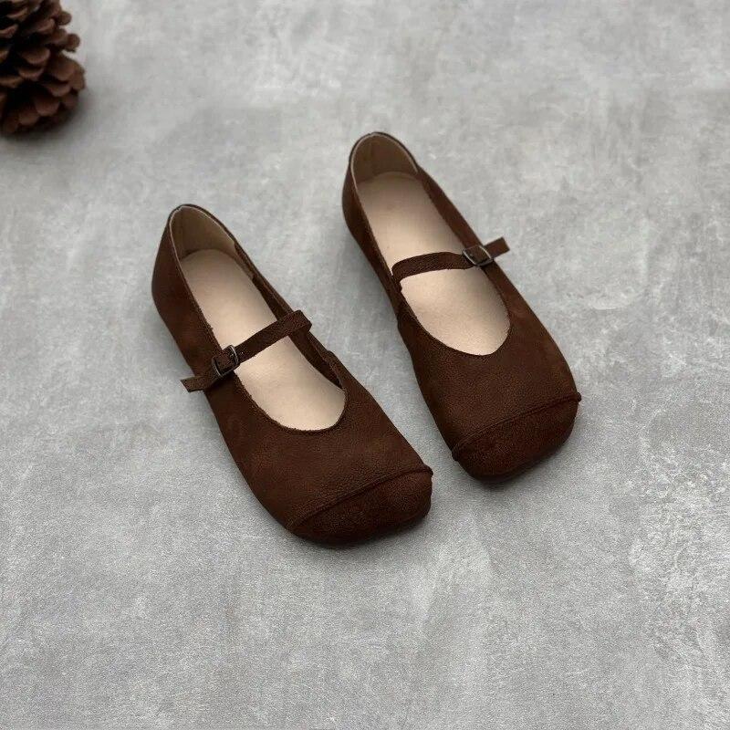Johnature Echtes Leder quadratische Zehen Schnalle Riemen Frauen flache Schuhe handgefertigte einfarbig weiche Sohle Schuhe
