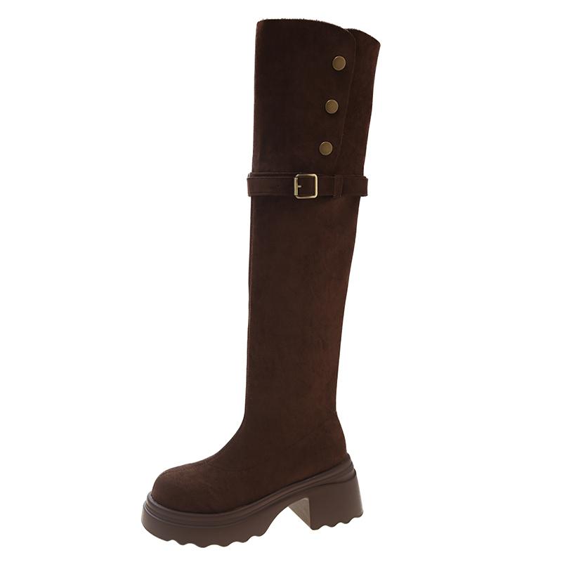 Fashion 2025 Autumn Fashion Suede Wear Thick-heels Women's The Knee Boot Retro Anti Slip Outdoor Knight Ladies Boots
