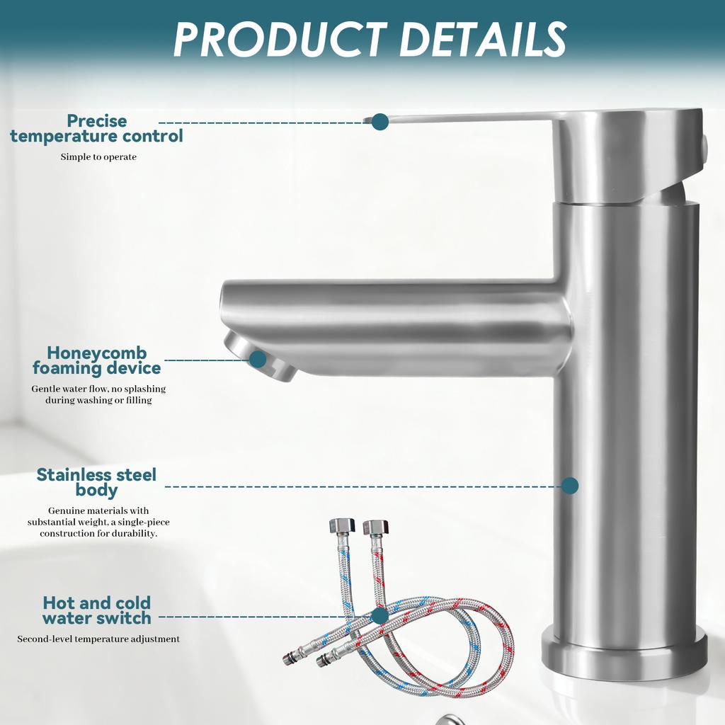 304 Stainless Steel Single-Handle Basin Faucet Brushed Single-Hole Ceramic Cartridge Suitable for Gyms and Living Rooms