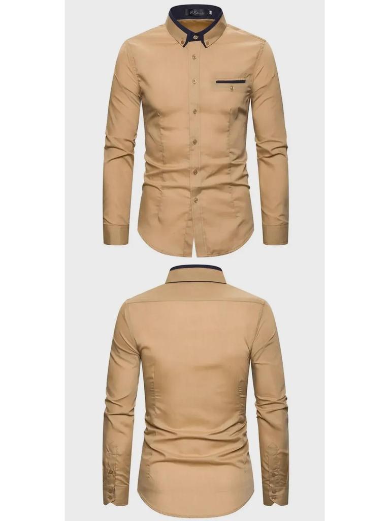 Men's Autumn Fashion Double Collar Solid Color Slim Fit Long Sleeve Shirt