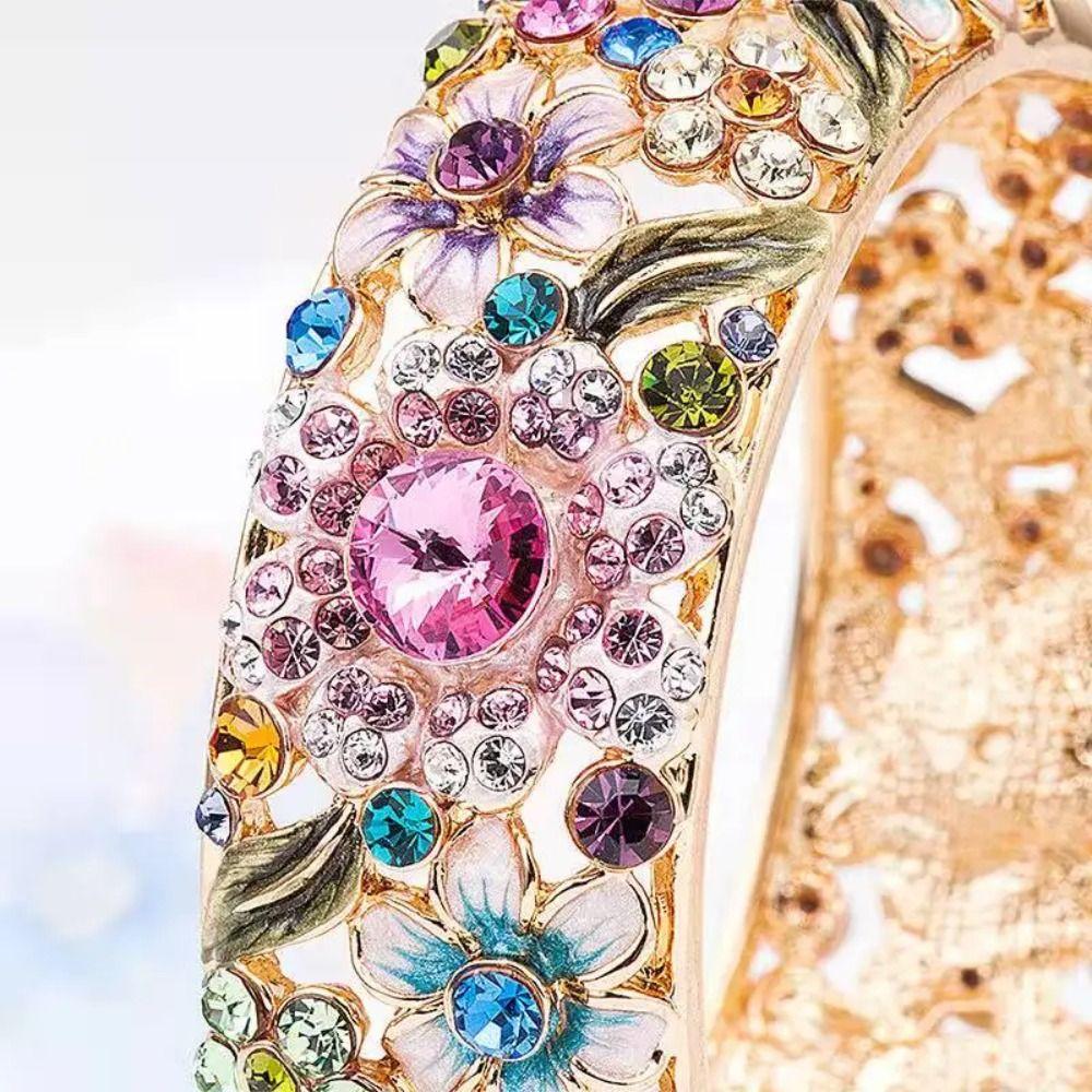 Enamel Chinese Cloisonne Bracelet Rhinestone Women's Hand Bracelet Hollow Out Flower Bangle  Gifts