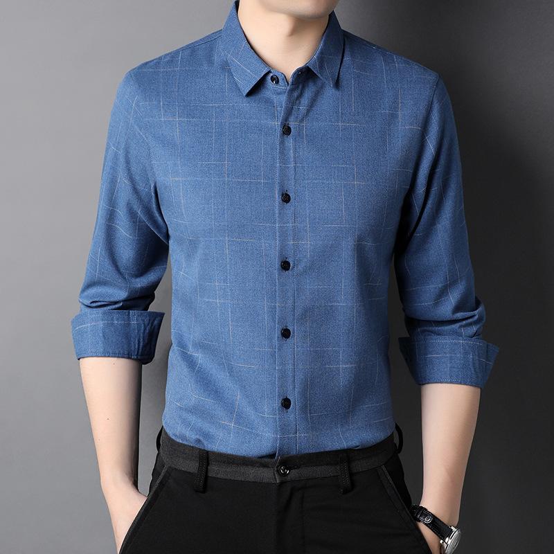 

Мужская рубашка среднего возраста, деловая повседневная, клетчатая, с длинным рукавом, базовая, дышащая XXXL синий