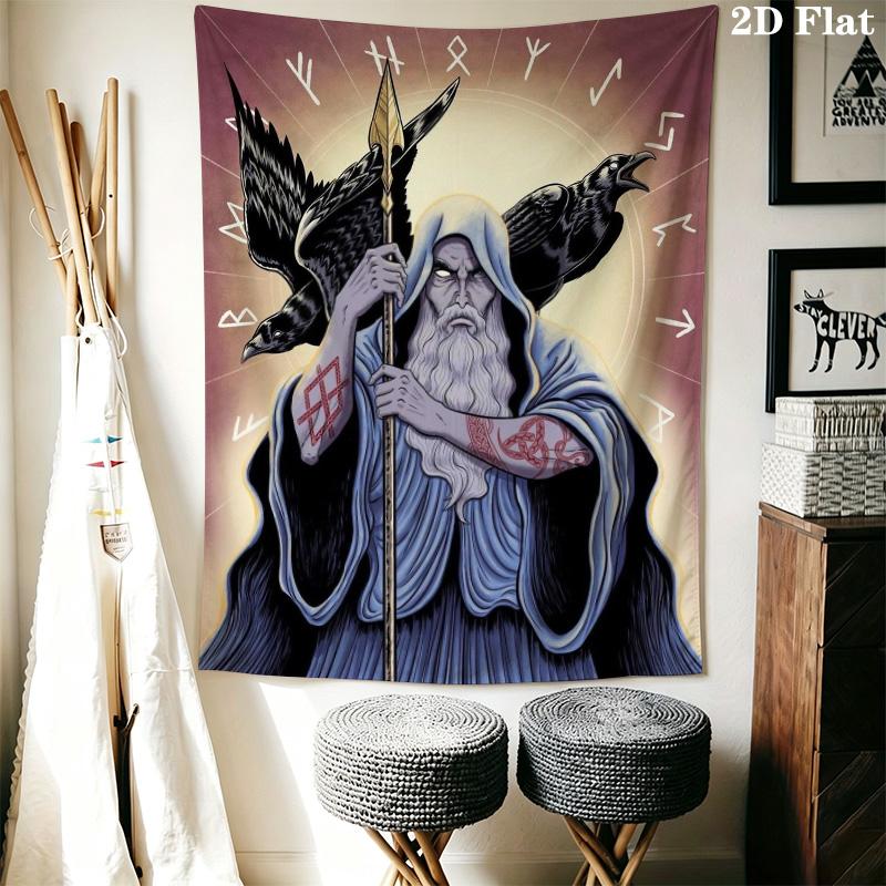Odin Norse Mythology Tapestry, Viking God with Wolves and Ravens Wall Hanging, Valknut Symbol Wall Tapestry for Bedroom Living Room Decor