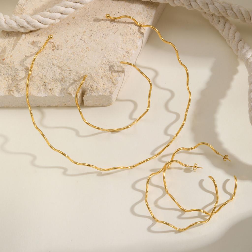 Vnox Minimalist Stainless Steel Line Wave Necklace Choker For Women,Gold Plated Large Hoop,Fashion Ear Hand Neck Jewelry Set