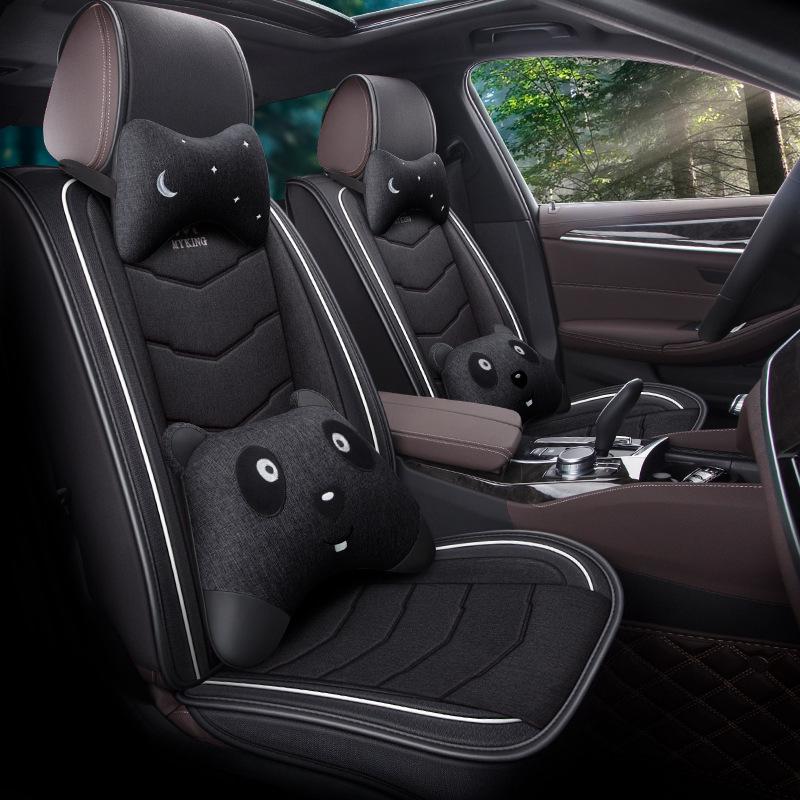 Full Coverage Linen Cartoon Panda Car Seat Cushion - Universal Fit, 2020