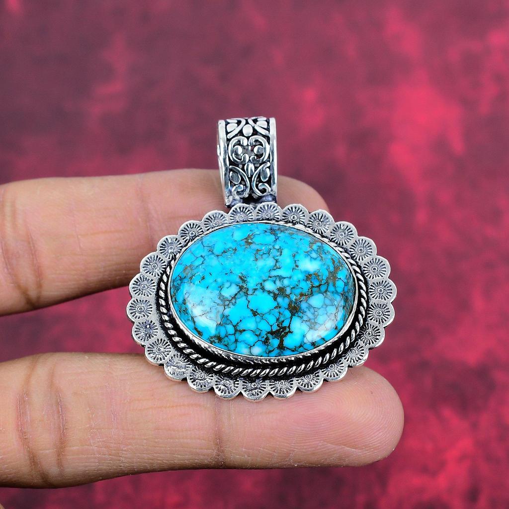 Tibetan Turquoise Pendant, 925 Solid Sterling Silver Gemstone Jewelry, Handmade Pendant, For Thanksgiving