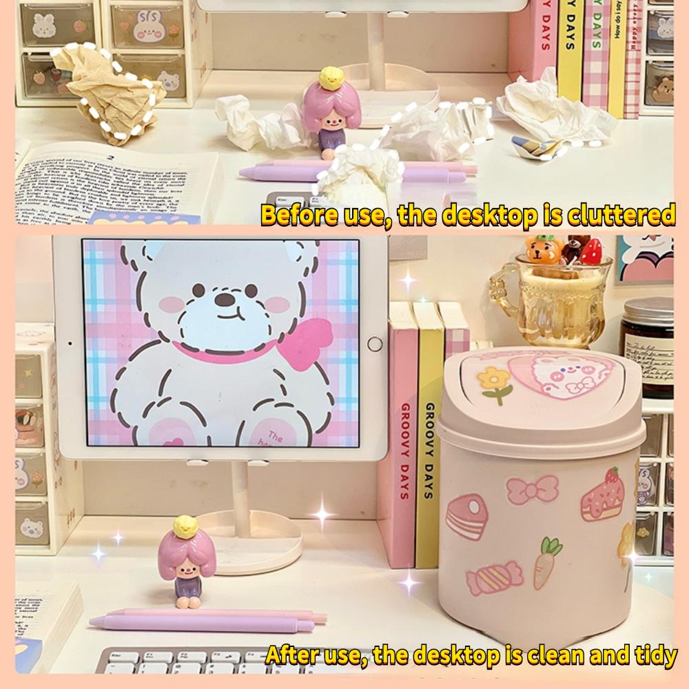 Mini organizator de coș de gunoi de birou Suport creion Kawaii Birou drăguț pentru student cu desene animate Coș de gunoi cu capac Cutie de depozitare