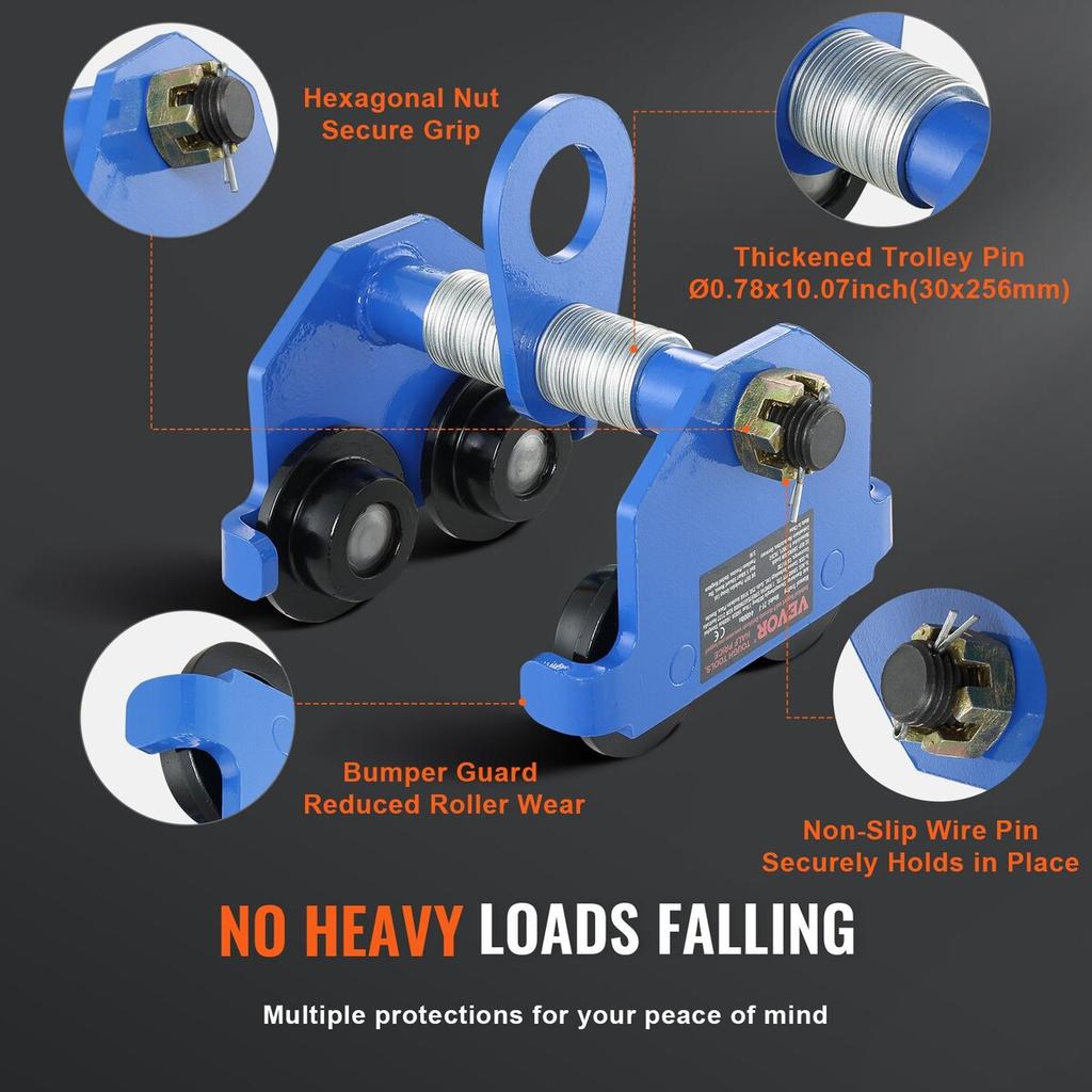 Manual Trolley, 4400 lbs/2 Ton Load Capacity, Push Beam Trolley with Dual Wheels, Adjustable for I-Beam Flange Width 63.5-177.8 mm, Heavy Duty Alloy