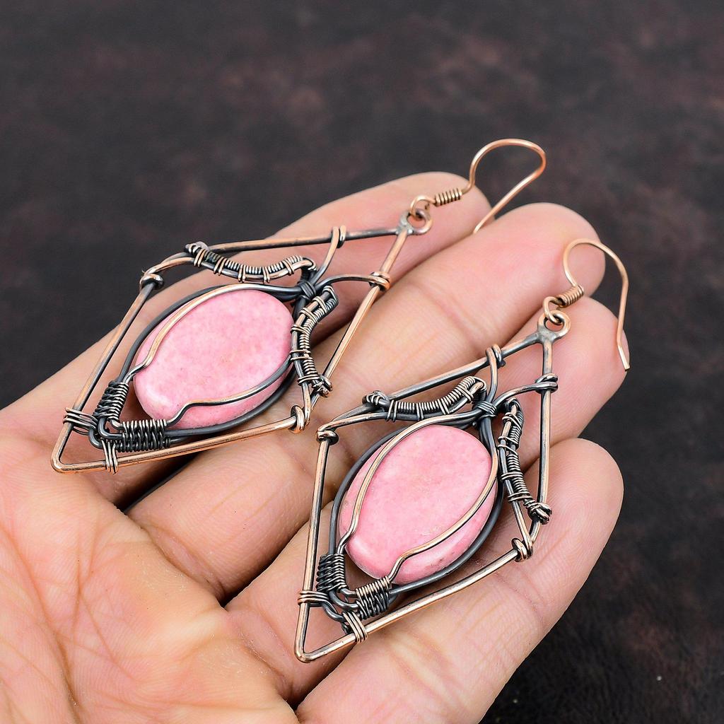 Brincos Thulite Brincos Enrolados em Fio de Cobre Brincos Elegantes Joias de Cobre Incríveis Brincos de Pedras Preciosas Genuínas Joias Feitas à Mão Presentes de Casamento