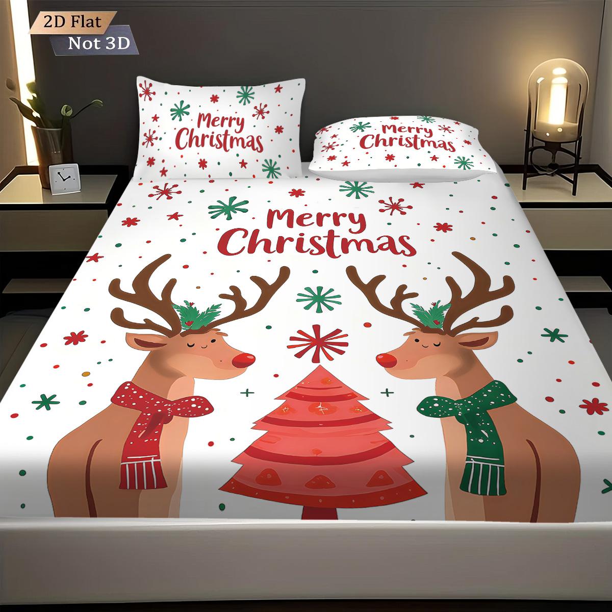 

3Pcs Christmas Reindeer Print Coreless Bed Sheet Set, Multi Size Soft Bed Cover, Bedroom Bedding Decoration, Machine Washable 90x191cm