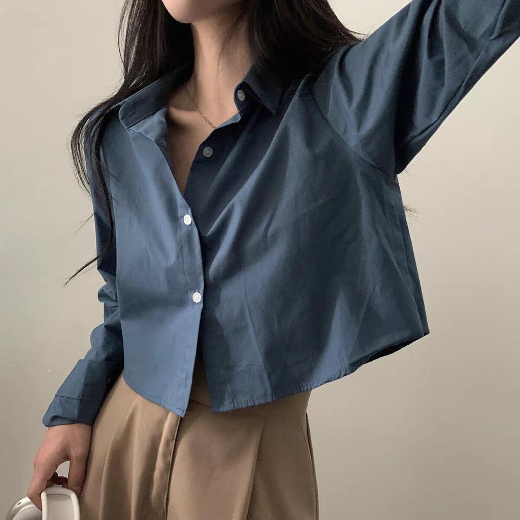 Short Shirt Solid Color Long Sleeved Base Shirt Bottom Shirt Top for Women