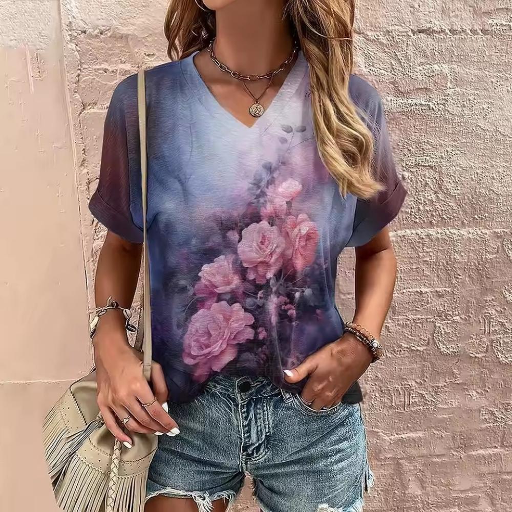 Women's Summer V-neck T-shirt Flower Printed Casual Tops Cubic Sleeve T Shirt Fashion Street Pullover OverSize Women's Clothing