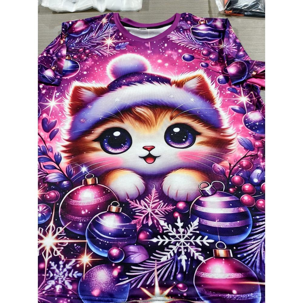 Ladies Loose T-shirt, Christmas Atmosphere Plus Cute Kitten, Printed T-shirt