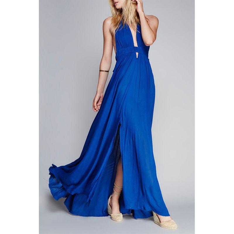 

Классическое длинное платье в 4 цветах для пляжного отдыха, романтический модный стиль, платье с разрезом до щиколотки, глубокое V-образное сексуальное платье Blue 2XL