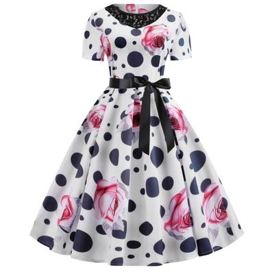 Generation Retro Women's Clothing Supply, Temperament Lace Round Neck Short Sleeve Waist Polka Dot Big Swing Skirt