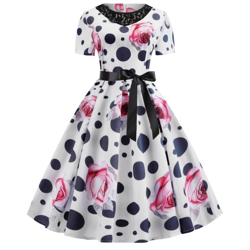 

Поставка женской одежды в стиле ретро, темпераментное кружево, круглый вырез, короткий рукав, талия в горошек, юбка с большим клешем XXL темно-синий