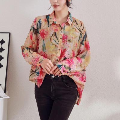 2025 New Spring Fashion Floral Linen Blouse Women Long Sleeve Loose Tops