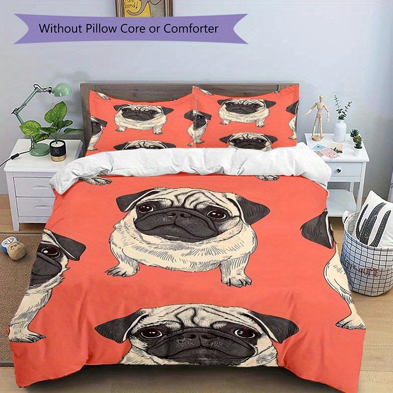 3Pcs Pug Pattern Printed Bedding Set, Breathable And Soft, Machine Washable, Christmas Gift, Suitable for Bedroom Decoration, 15152
