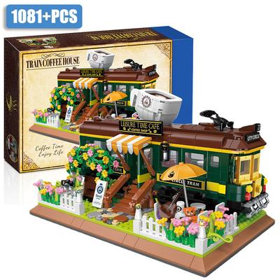 Creative Retro Train Coffee Shop Mini Size Building Blocks City Street View Train Coffee House Bricks Toys Gifts For Children NO BOX
