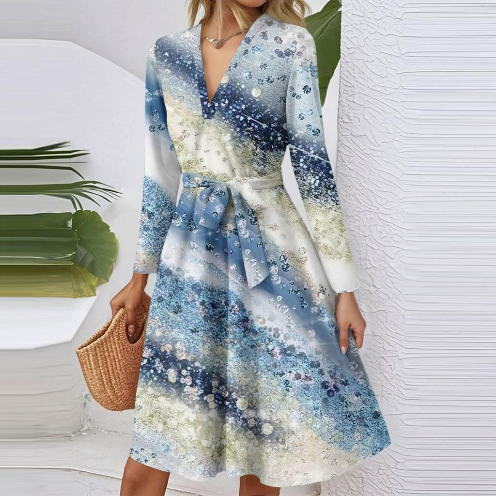 Women's Fashion Casual V-Neck Long Sleeve Waist Floral Print Midi Dress