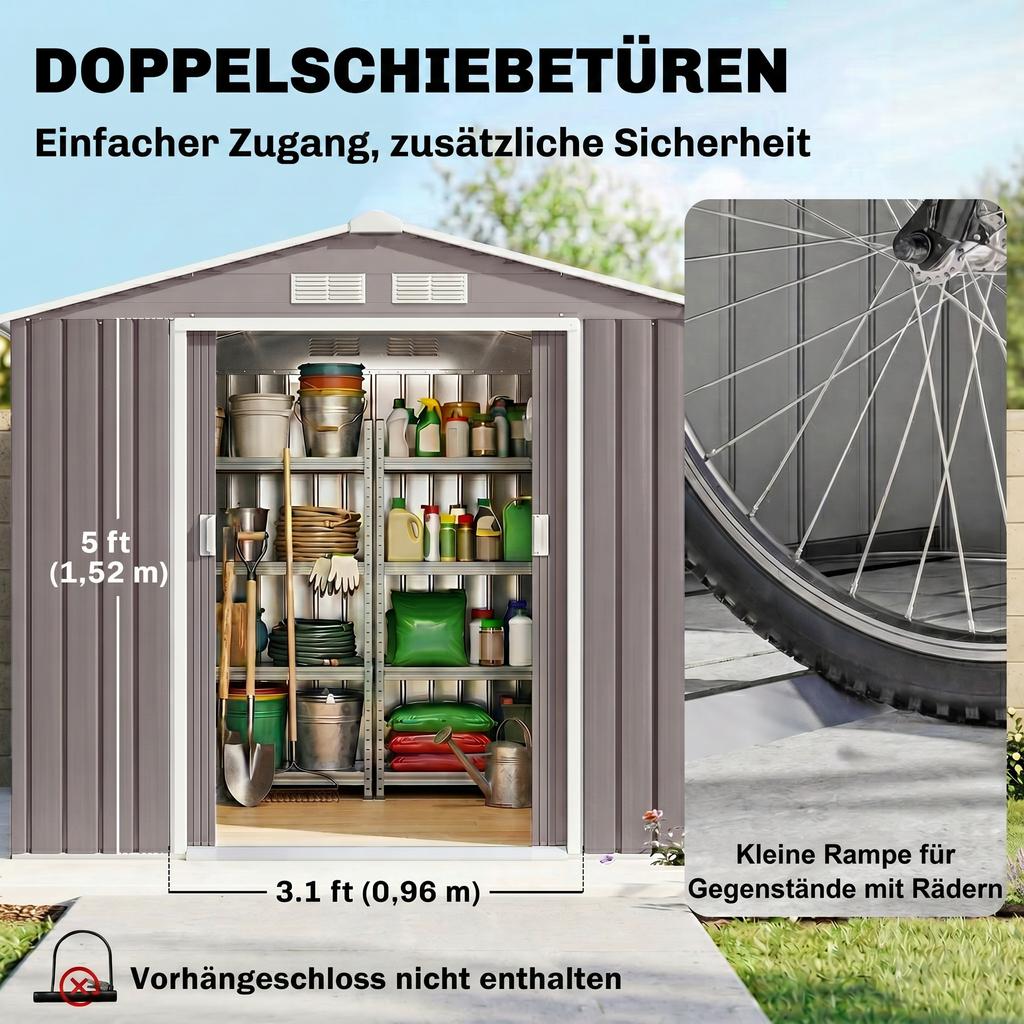 7ft x 4ft Lockable Polypropylene Garden Storage Shed Storage w/ Air Vents Steel Grey