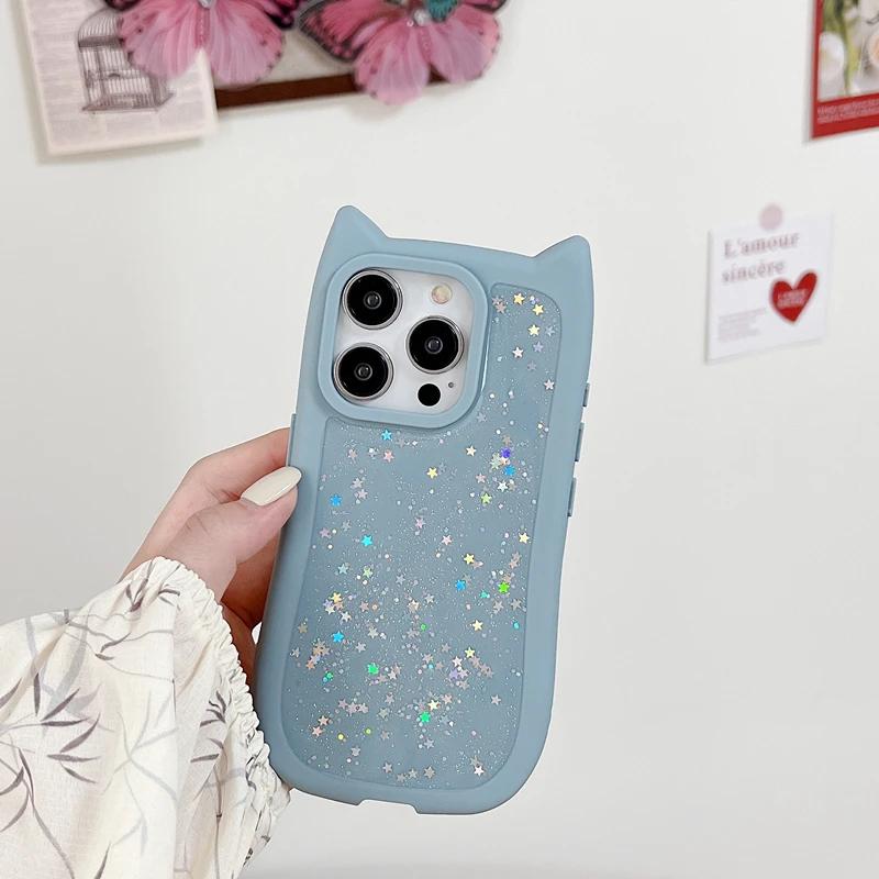 Girl Glitter Soft Silicone Cute Cat Ear Phone Case for iPhone 11 12 13 14 15 Pro Max Shockproof Hard Acrylic Bumper Back Cover