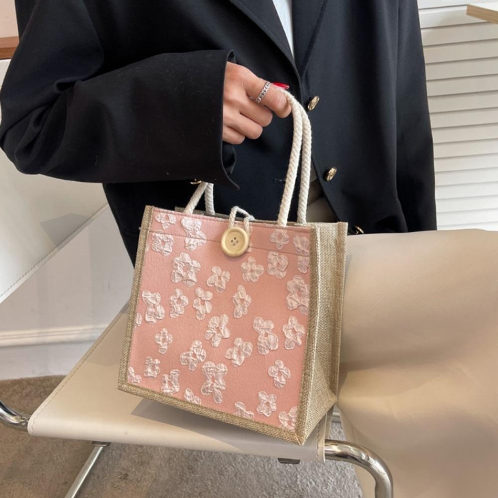 Zipper Flower Linen Bag Large Capacity Linen Handbag Storage Bag Love Heart Tote Bag Women