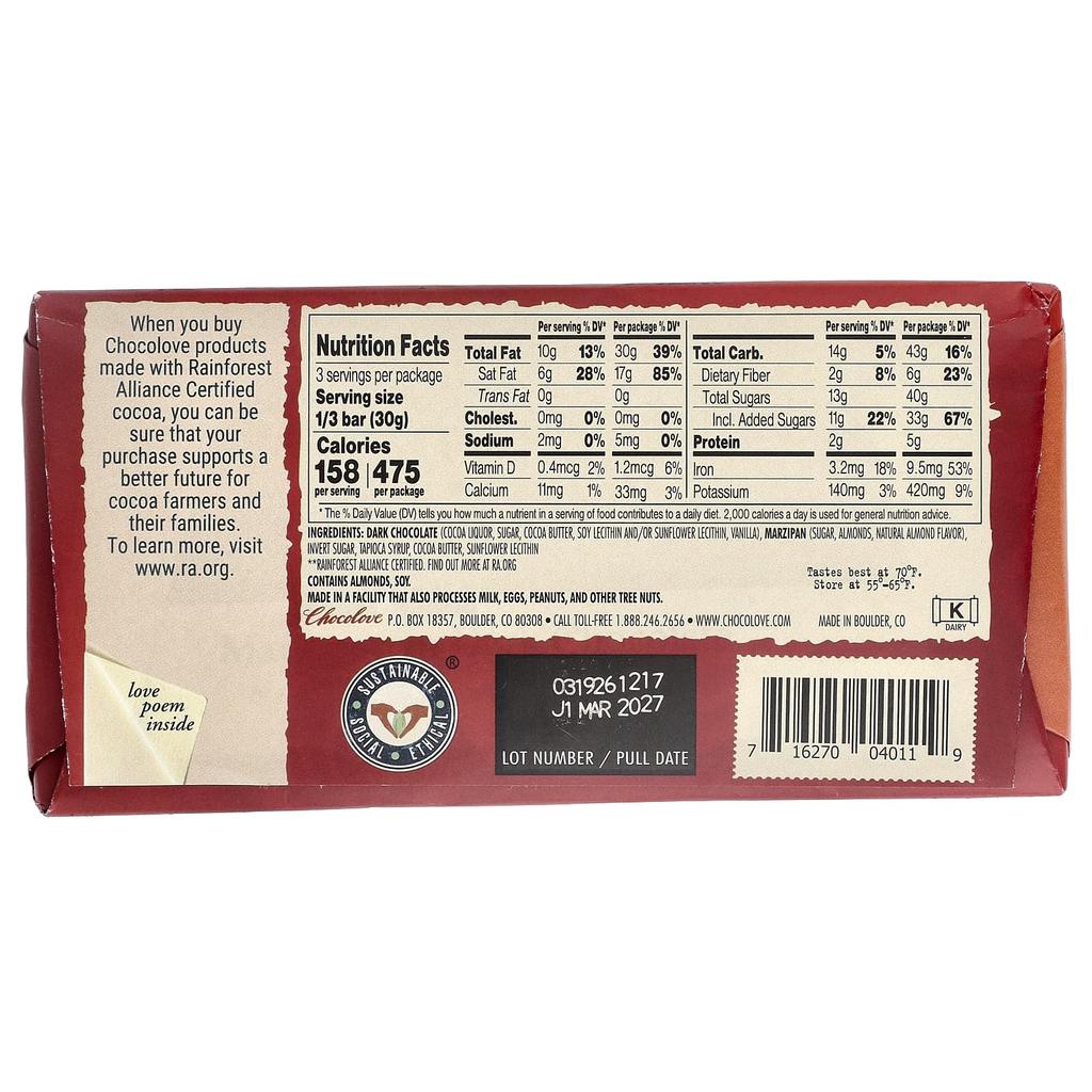 Chocolove Filled Marzipan In Dark Chocolate, Cocoa 55%, 90g (3.2oz)
