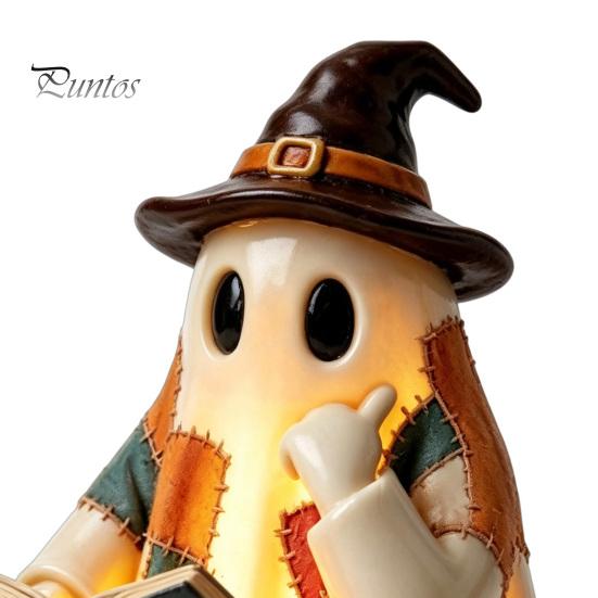 Regali Autunnali Unici Statuetta Fantasma Patchwork Vintage, Statua Carina da Lettura Illuminata a LED, Statua di Halloween Decorazione Spettrale in Resina per Tavolino Scaffale