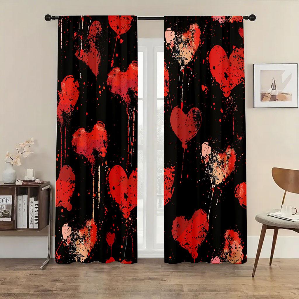 2 Stück Rot und schwarz gesprenkelte Tinte Liebesvorhänge Valentinstag-Thema Wohnzimmer Schlafzimmer Stangentasche Fensterdekoration