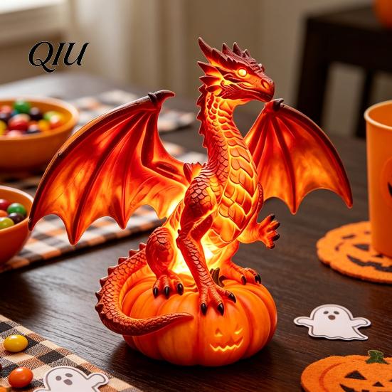 Seasonal Spooky Table Decoration Dragon Solar Garden Light, Halloween Night Resin Gothic Pumpkin Unique Gift for Lovers Statue, Medieval Fantasy