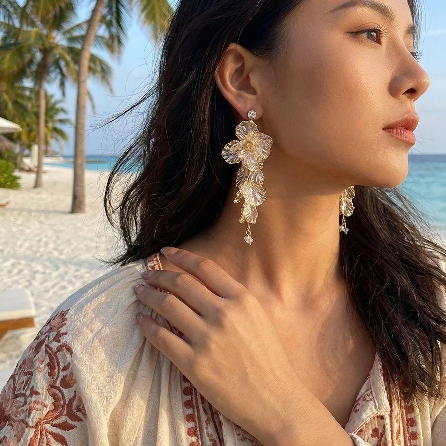Elegant Acrylic Resin Flower Petal Drop Earrings for Women 3D Clear Floral Long Tassel Hanging Earring Wedding Party Jewelry