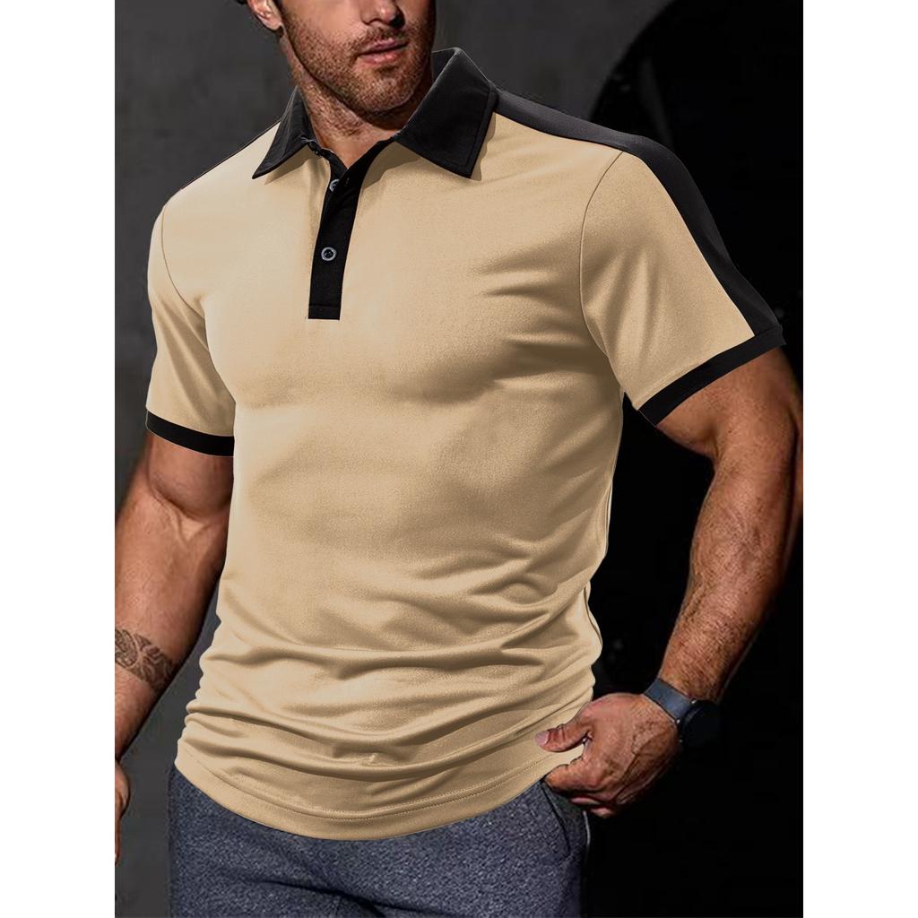 Men's Casual Sporty Color-blocked Shirt, Men's Lapel Short-sleeved T-shirt Top