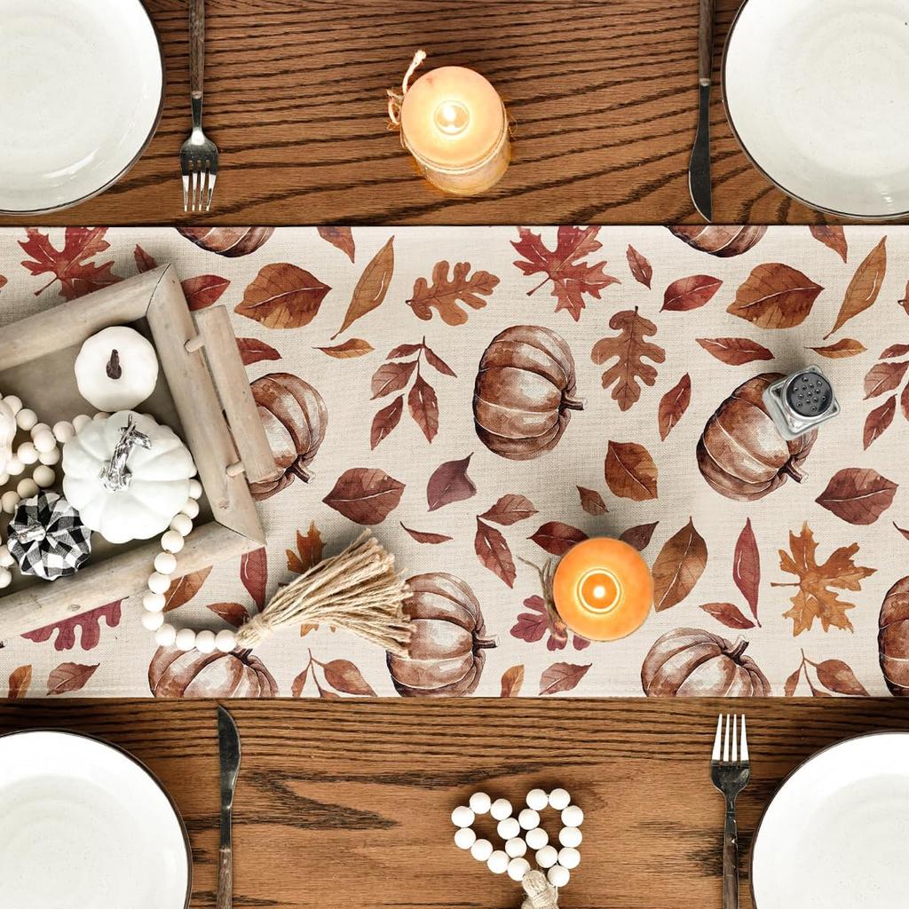 Artoid Mode Maple Leaves Pumpkin 210 GSM Fall Table Runner, Seasonal Harvest Autumn Kitchen Dining Table Decoration for Home Party Decor 13x60 Inch