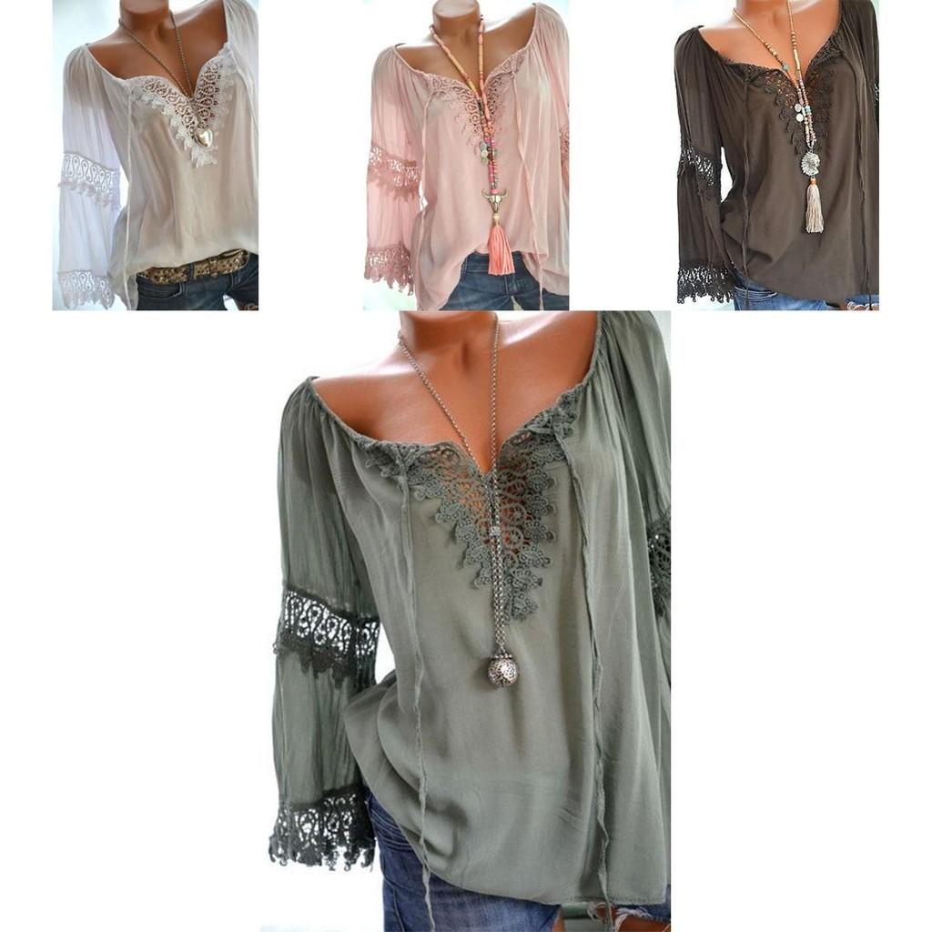 Sexy Women V Neck Long Sleeve Lace Up Shirt Casual Blouse Top Lady Loose T Shirt