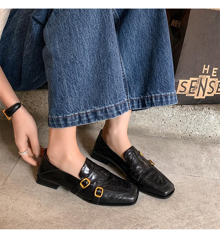 

Versatile haute couture private collection~ retro belt buckle one pedal flat loafers women s square head British single shoes women 34
