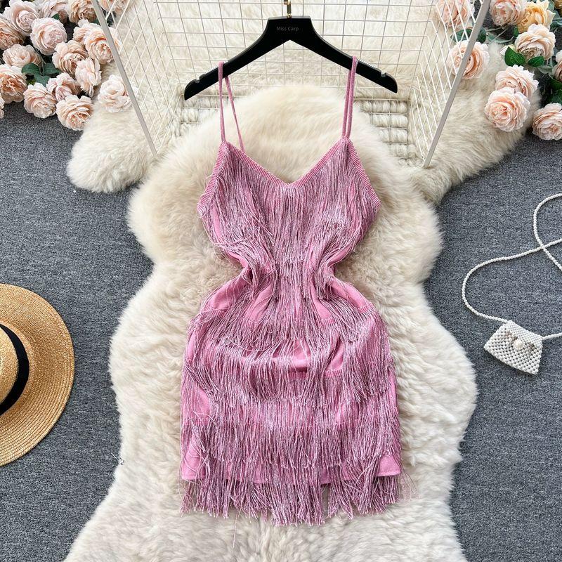 

Birthday Party Open Back Sling Silm Tassel Skirt Pink XL