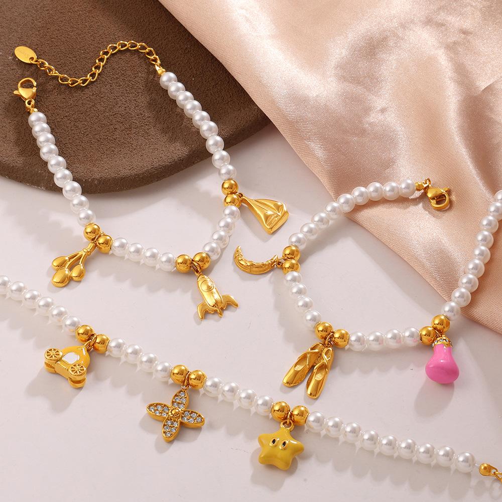 Luxo Leve Vitalidade Diversos Pingentes DIY Pulseira de Contas Brancas Colar Aço Inoxidável Redutor de Idade Doce Estilo Menina Conjunto